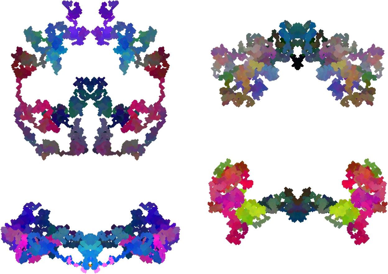 Four abstract multicolored blobs with horizontal mirror symmetry