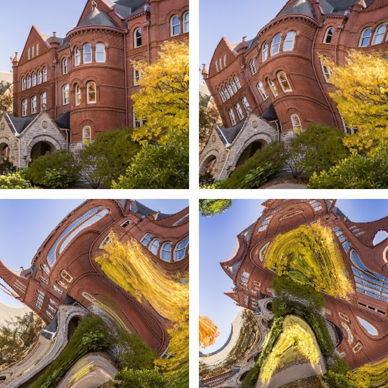 The same photograph of Old Main four times, first normal and then increasingly warped and distorted
