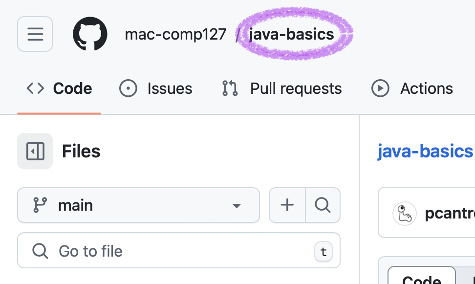 A “java-basics” link appears immediately after the GitHub logo and “mac-comp127” near the top of a GitHub web page