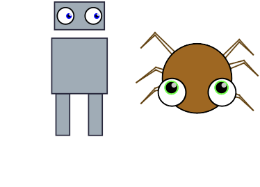 A cartoonish boxy robot and round bug standing next to each other and looking at each other