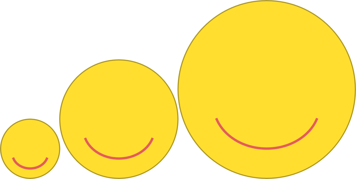 Three yellow circles containing red arcs that represent smiles, but no eyes