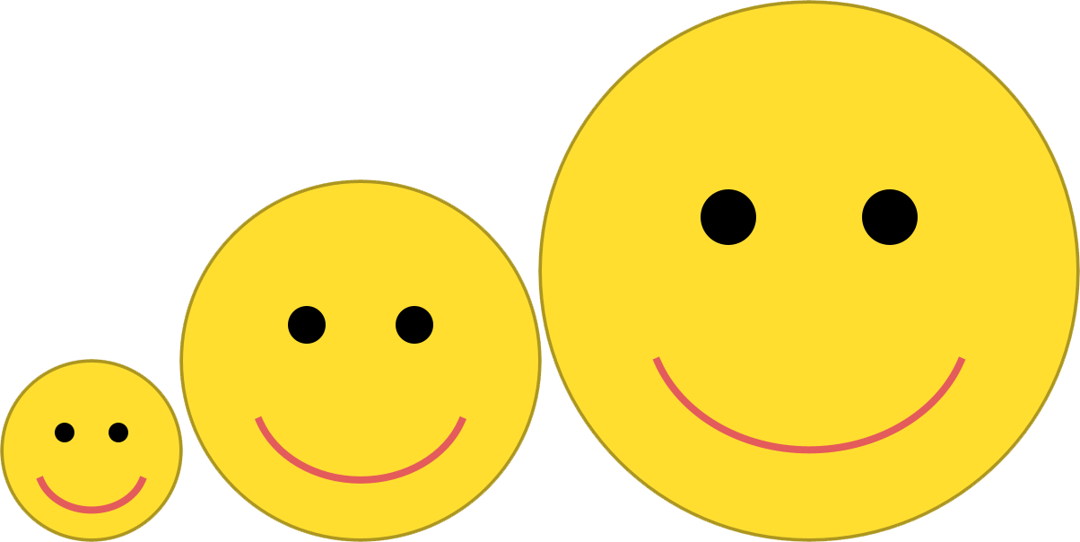 Three yellow circles with smiles as above, each now with two black dots for eyes