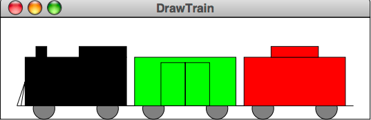 Geomtetric drawing of a black train engine, a green box car, and a red caboose