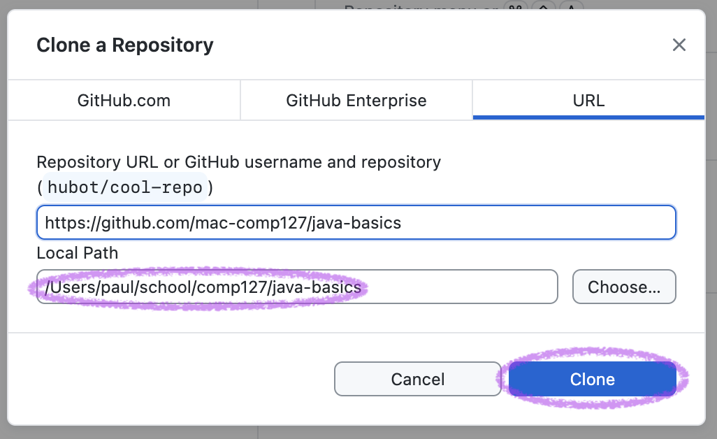 “Local path” shows a user-created fold for COMP 127