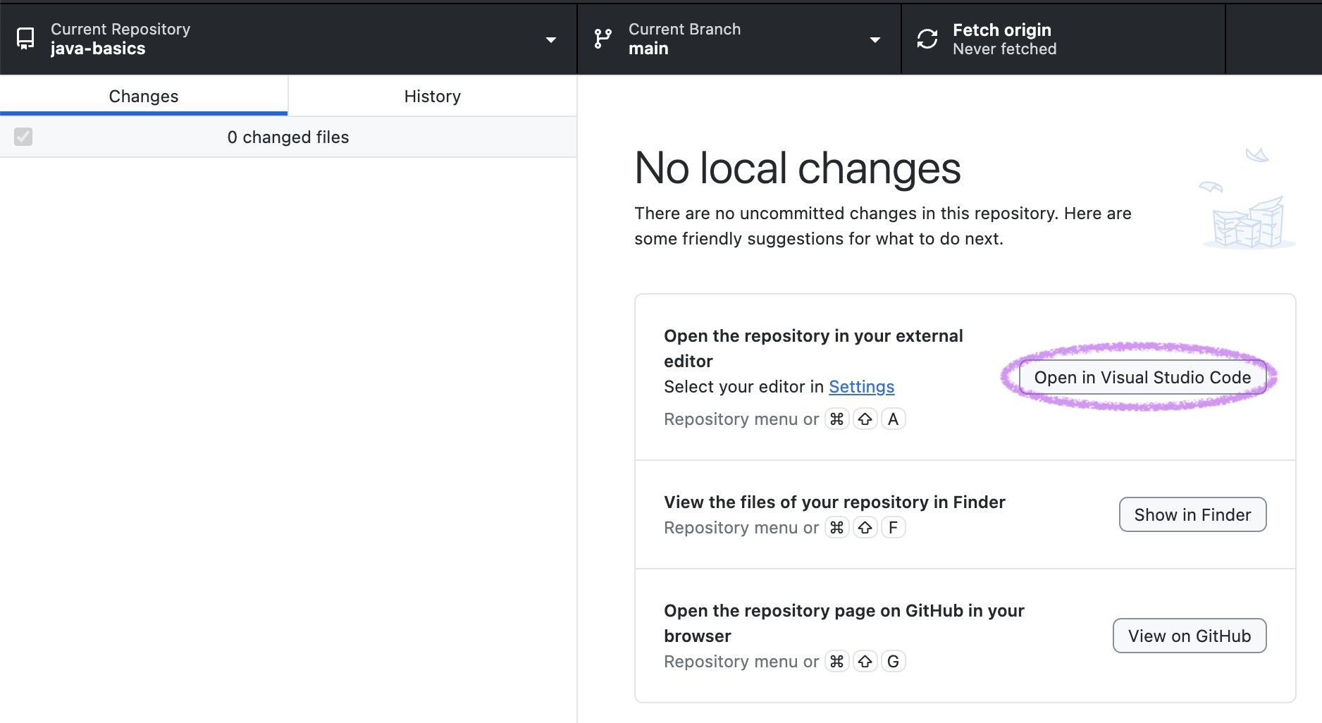 GitHub Desktop says “No local changes.” An “Open in Visual Studio Code” button appears underneath.
