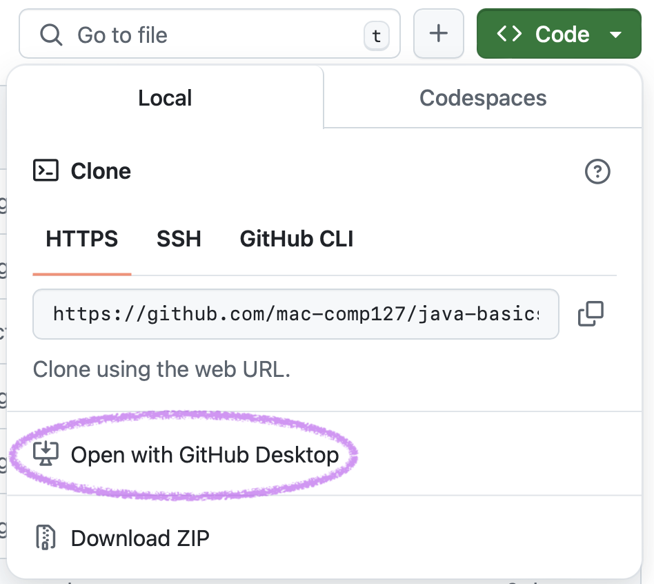 The “Open with GitHub Desktop” link appears in the dropdown that appears from the “Code” button