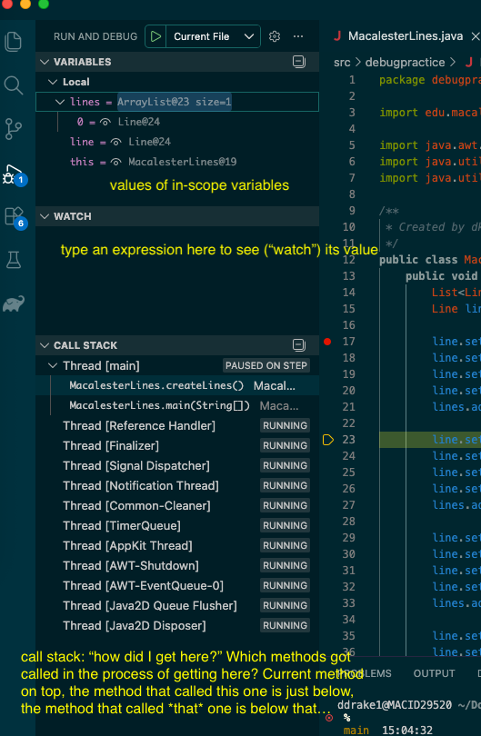 the variables, watch, and call stack boxes in VS Code